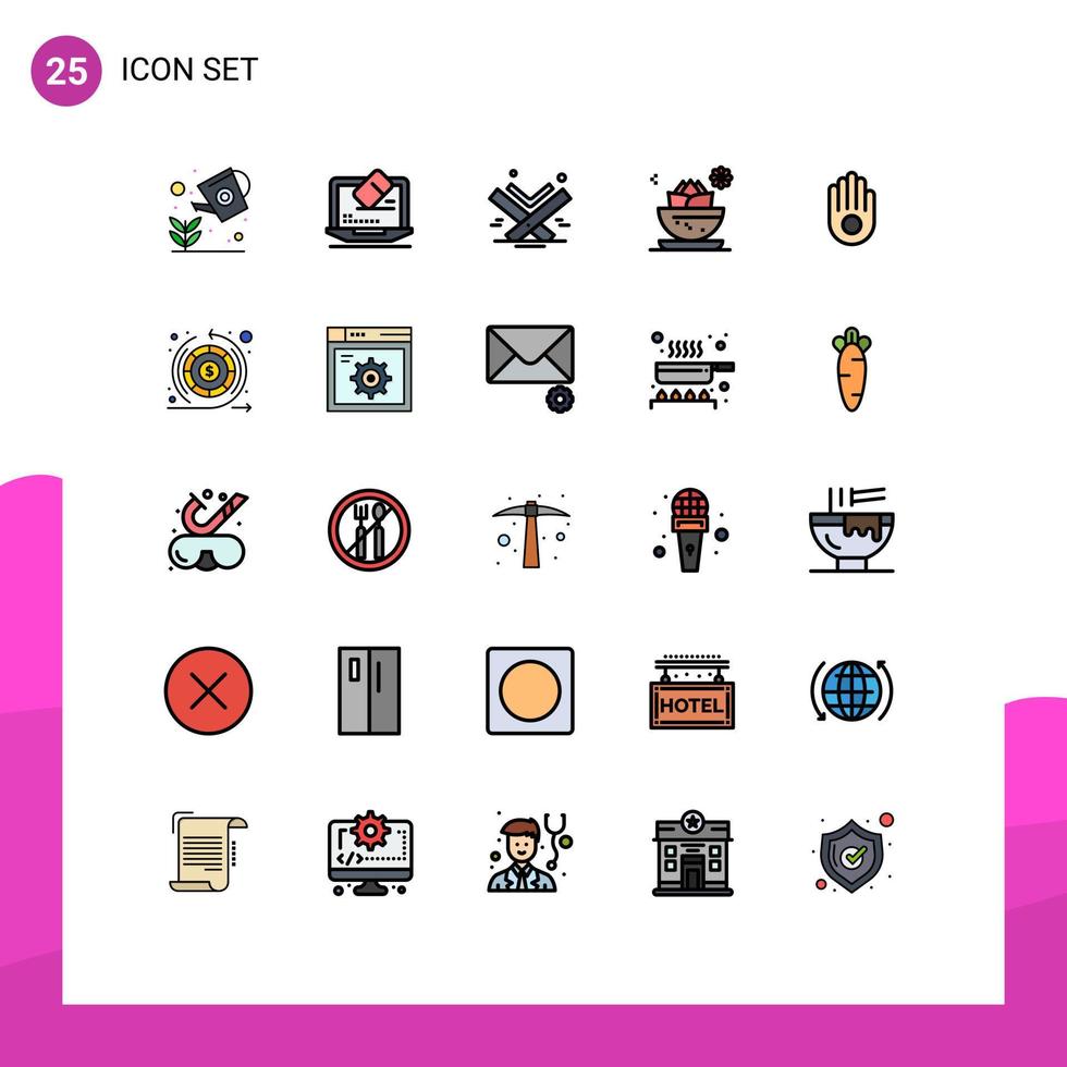 paquete de 25 modernos signos y símbolos de colores planos de línea rellena para medios de impresión web, como elementos de diseño de vectores editables islam del centro de pantalla local del spa