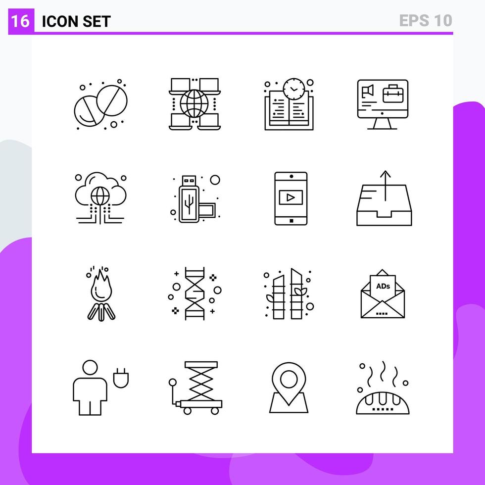 conjunto de 16 iconos en estilo de línea símbolos de contorno creativo para el diseño de sitios web y aplicaciones móviles signo de icono de línea simple aislado en fondo blanco 16 iconos fondo de vector de icono negro creativo