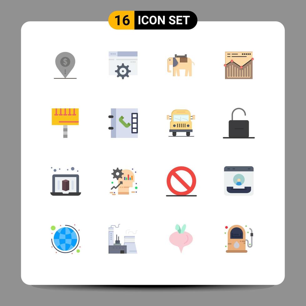 Pictogram Set of 16 Simple Flat Colors of report web gear analysis elephant Editable Pack of Creative Vector Design Elements