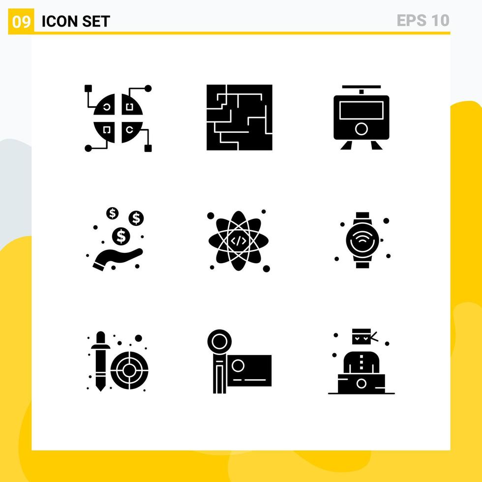 9 concepto de glifo sólido para sitios web móviles y aplicaciones reloj inteligente atom metro web dinero elementos de diseño vectorial editables vector