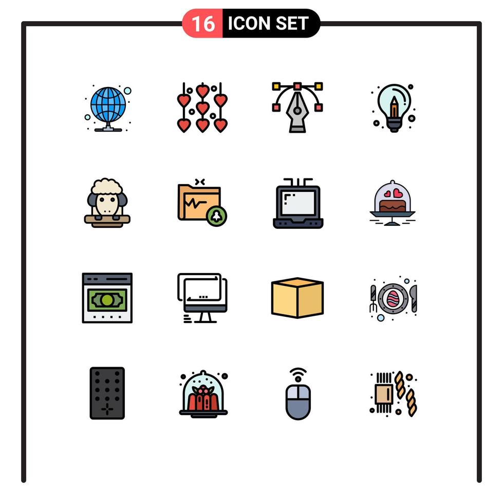 Group of 16 Modern Flat Color Filled Lines Set for lamb idea design design business Editable Creative Vector Design Elements