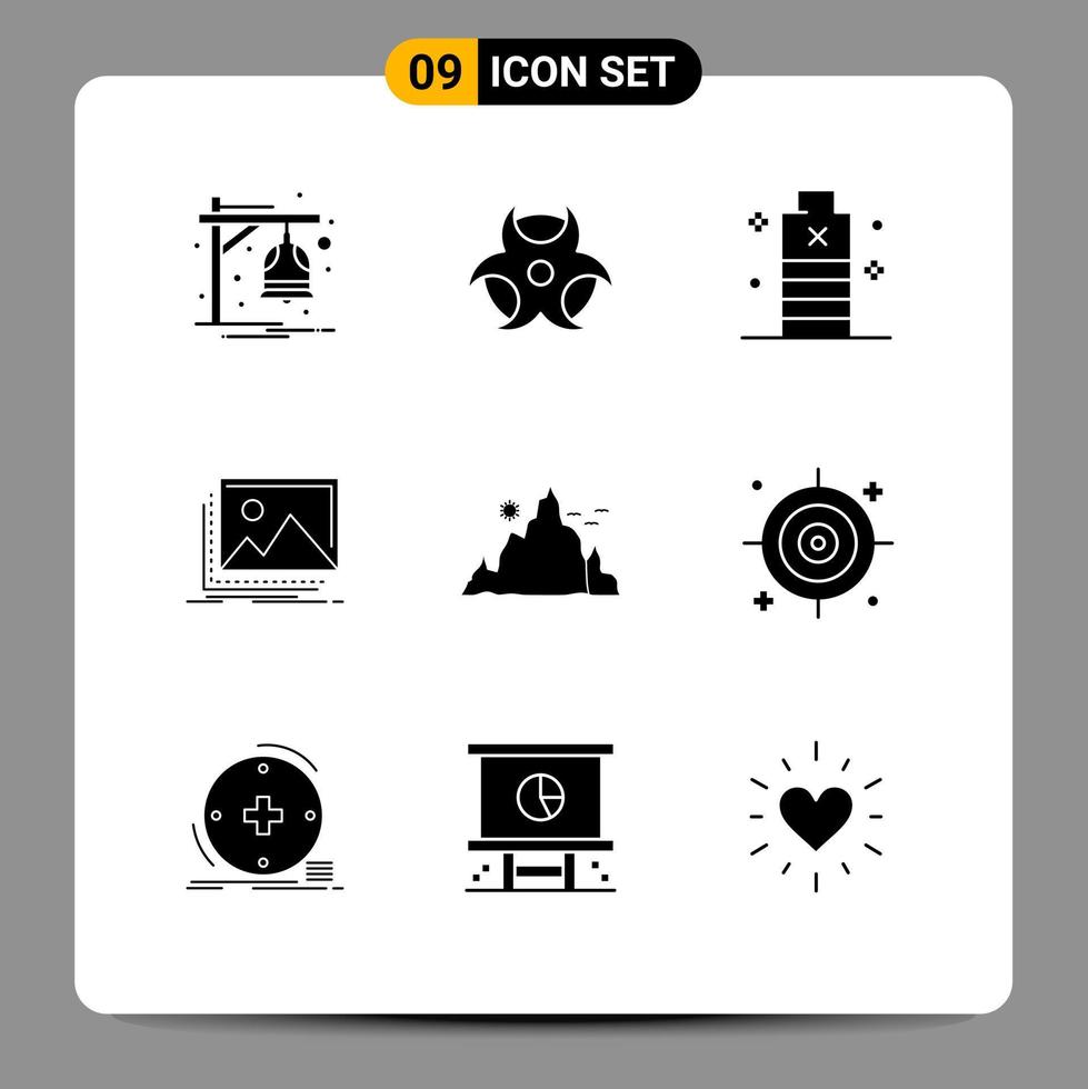Solid Glyph Pack of 9 Universal Symbols of mountain nature energy landscape gallery Editable Vector Design Elements