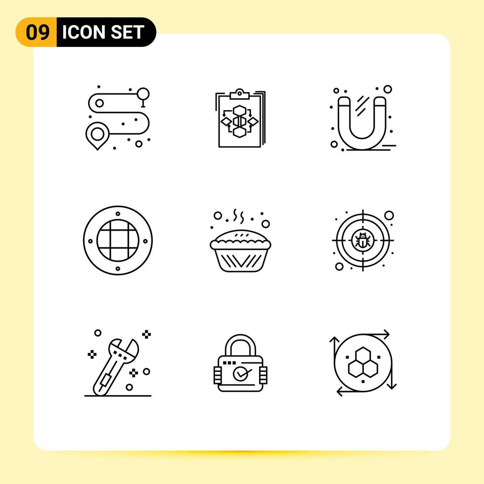 Pack of 9 creative Outlines of light interior work tool office Editable Vector Design Elements