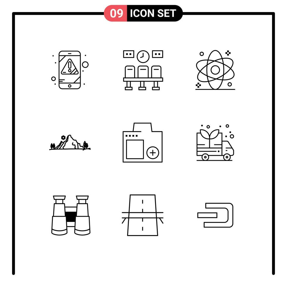 Outline Pack of 9 Universal Symbols of tree hill atom landscape medical Editable Vector Design Elements