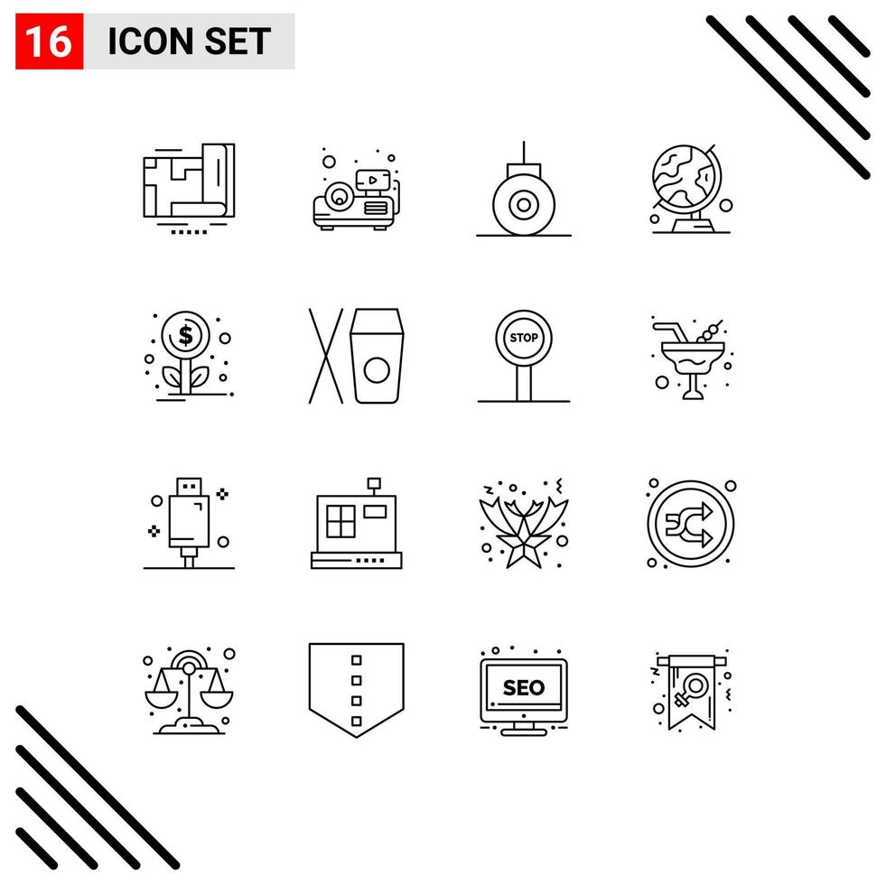 Universal Icon Symbols Group of 16 Modern Outlines of investment financing bathyscaphe table globe map Editable Vector Design Elements