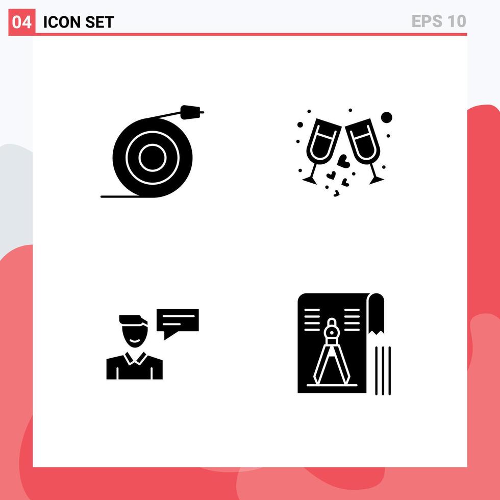 Pack of 4 Modern Solid Glyphs Signs and Symbols for Web Print Media such as curved message water wine man Editable Vector Design Elements