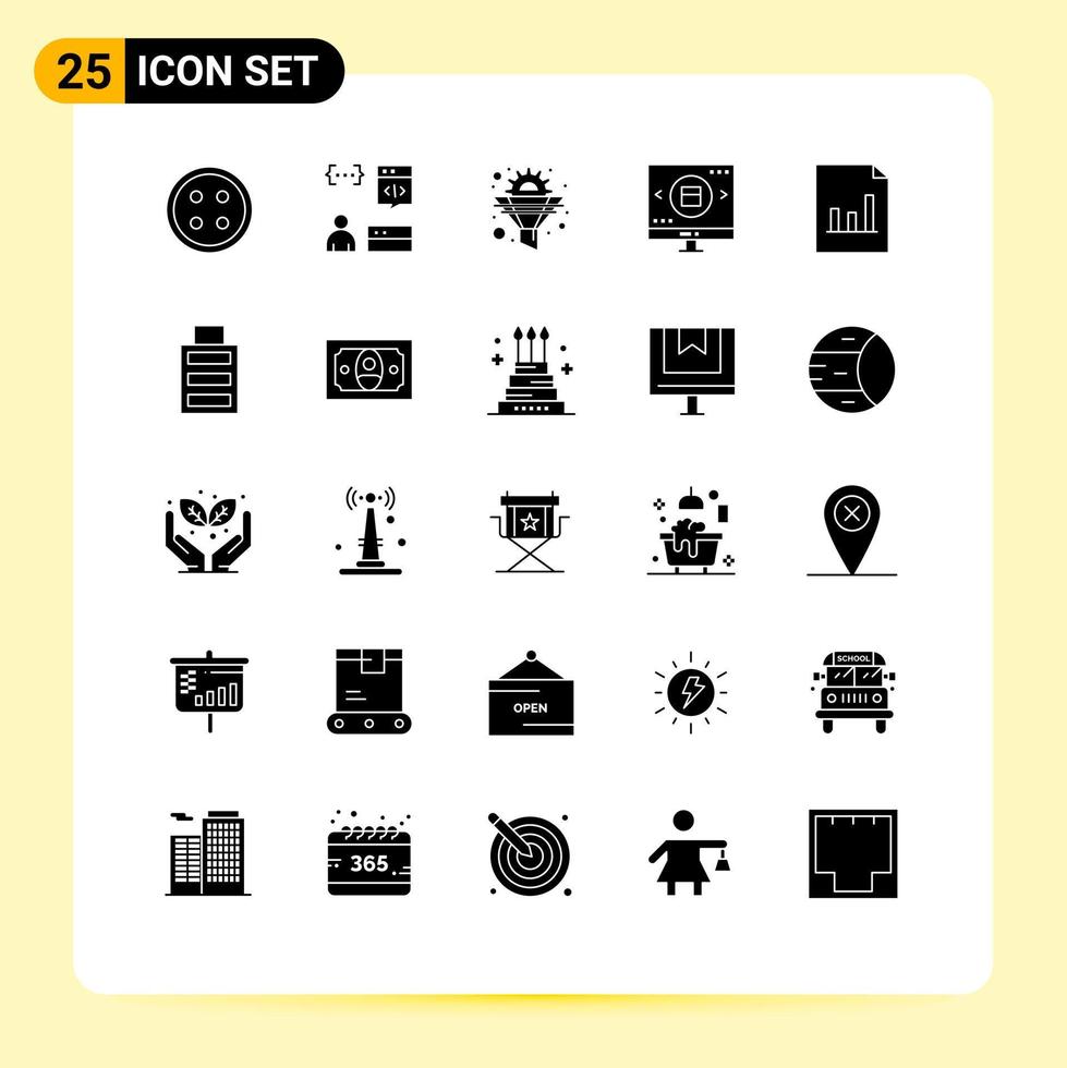 Set of 25 Commercial Solid Glyphs pack for search glass development optimization funnel Editable Vector Design Elements