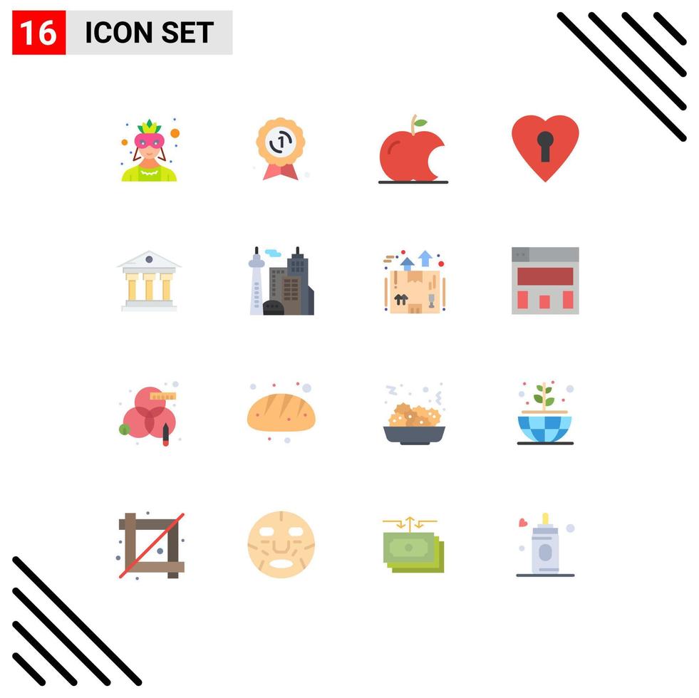 16 User Interface Flat Color Pack of modern Signs and Symbols of service building apple bank love Editable Pack of Creative Vector Design Elements