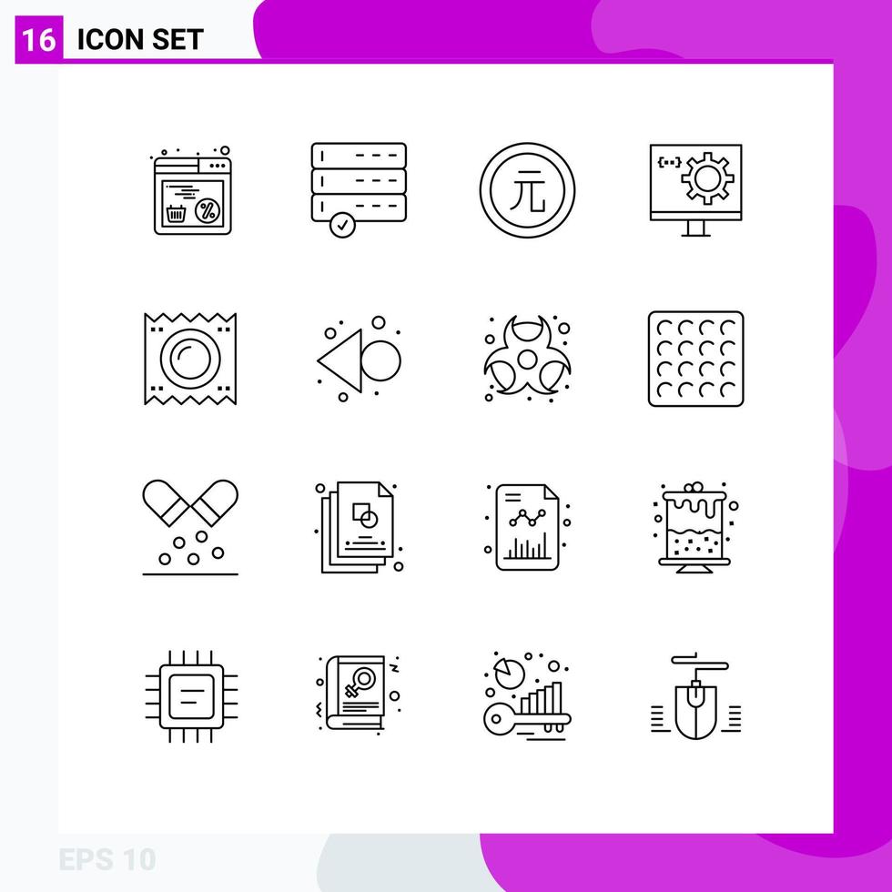 Pack of 16 Modern Outlines Signs and Symbols for Web Print Media such as condom development coin develop coding Editable Vector Design Elements