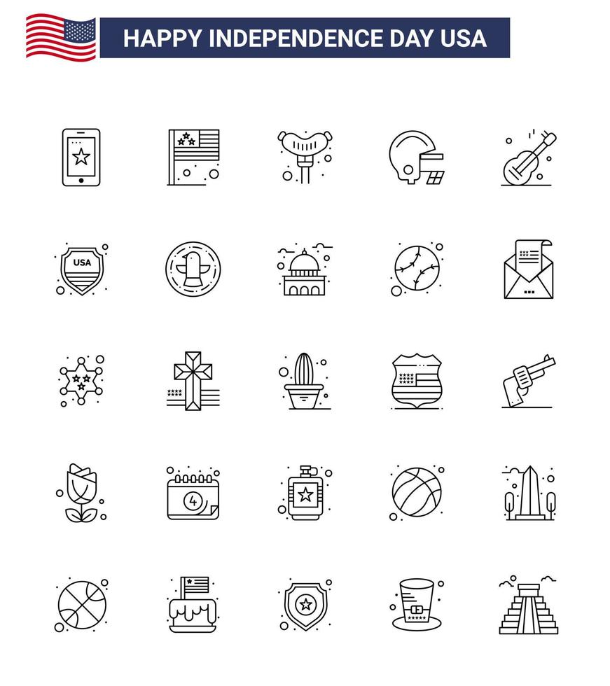 USA Independence Day Line Set of 25 USA Pictograms of american music food guiter football Editable USA Day Vector Design Elements