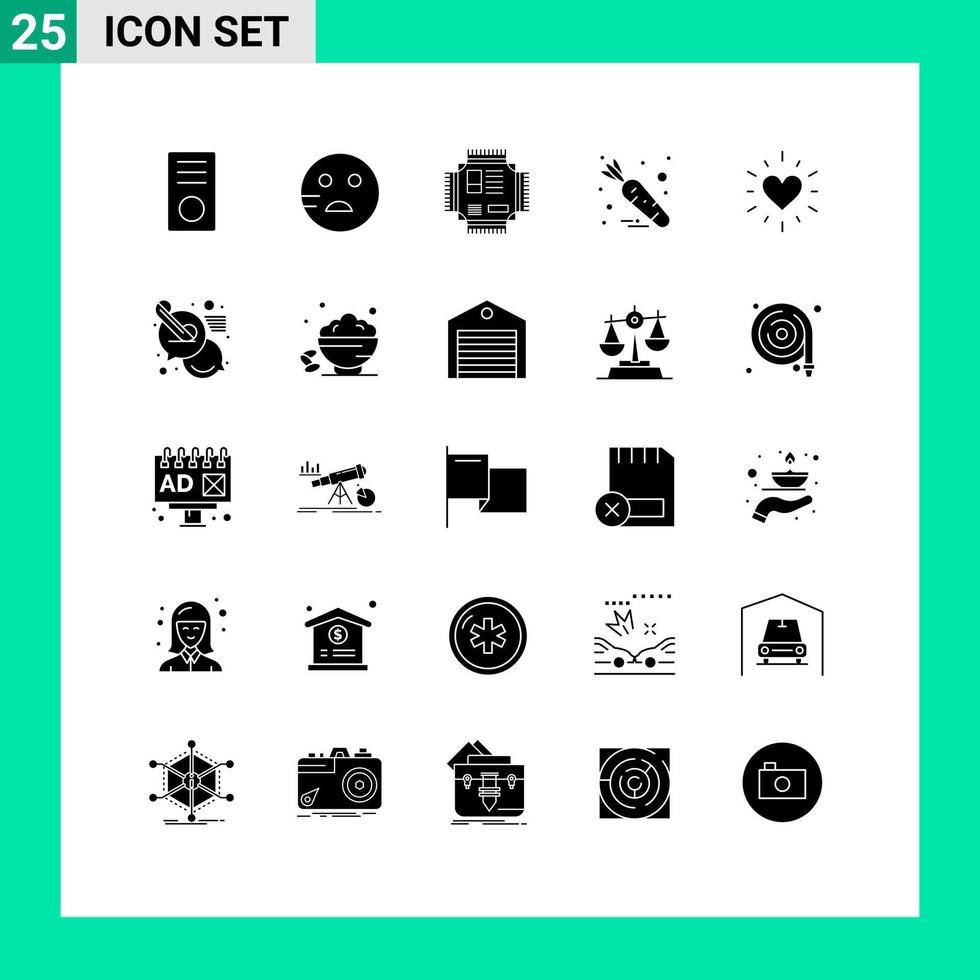 User Interface Pack of 25 Basic Solid Glyphs of love vegetable chip food technology Editable Vector Design Elements