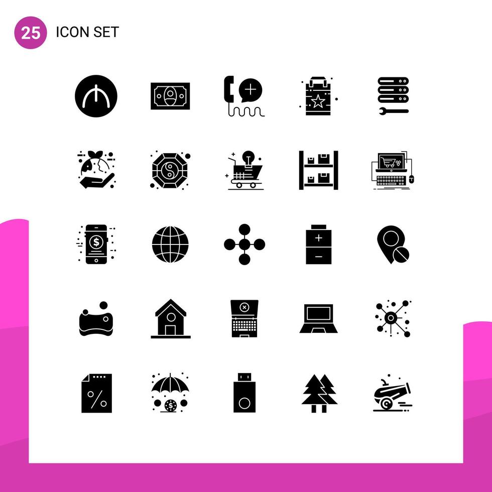 conjunto de pictogramas de 25 glifos sólidos simples del servidor de llave inglesa que ayudan a protagonizar los elementos de diseño de vectores editables favoritos