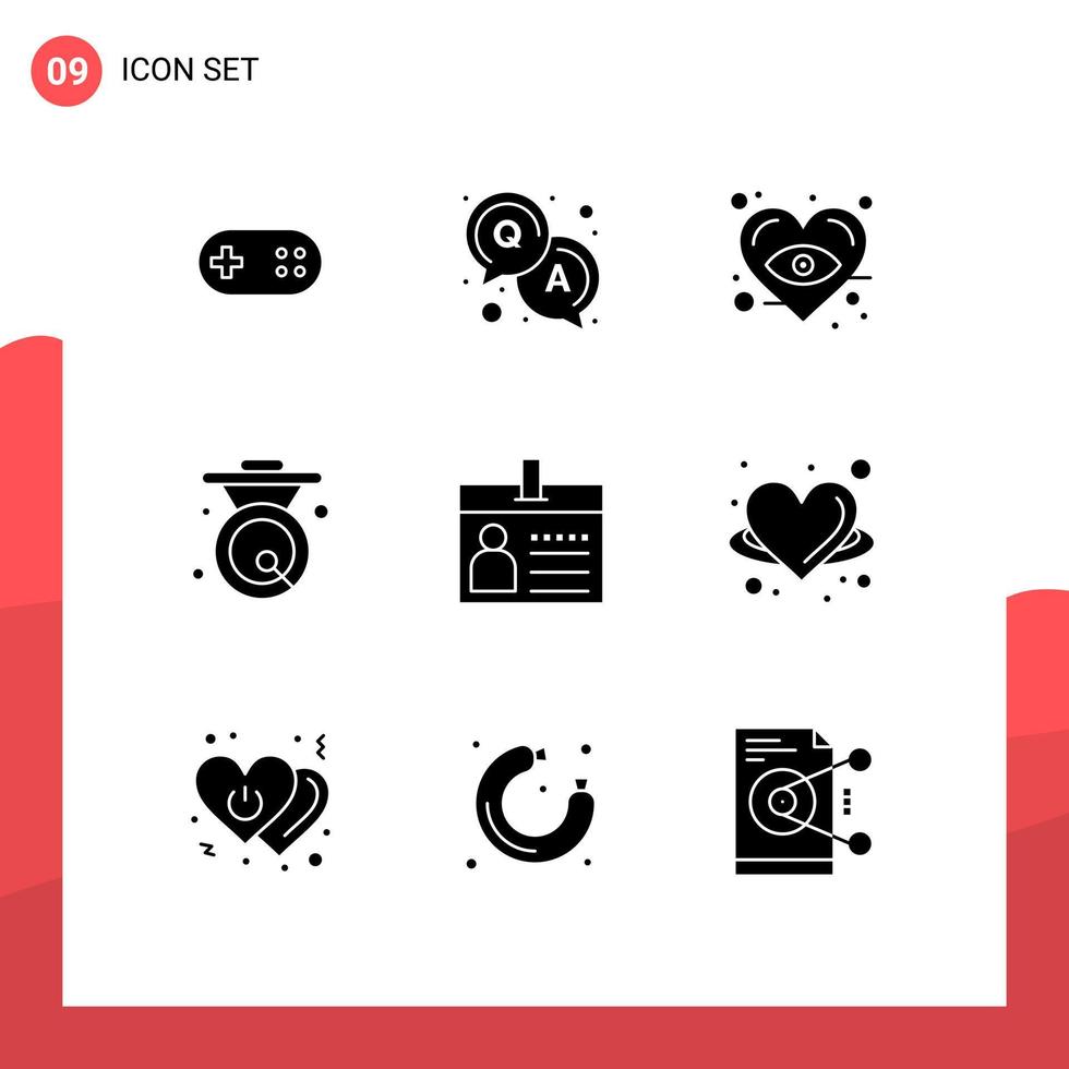 Set of 9 Commercial Solid Glyphs pack for document badge heart metal chinese Editable Vector Design Elements