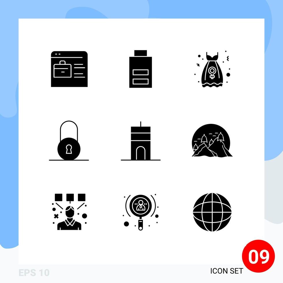 9 User Interface Solid Glyph Pack of modern Signs and Symbols of signal antenna clothes padlock lock Editable Vector Design Elements