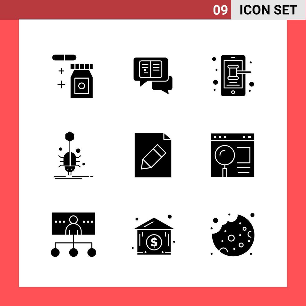 9 Icon Pack Solid Style Glyph Symbols on White Background Simple Signs for general designing Creative Black Icon vector background