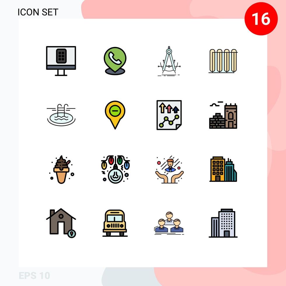16 Universal Flat Color Filled Line Signs Symbols of swimming radiator accure hot battery Editable Creative Vector Design Elements