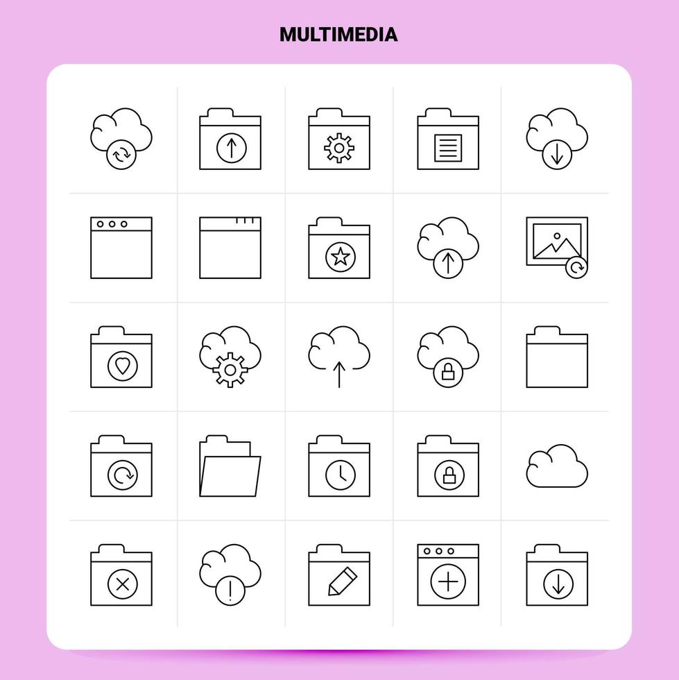 OutLine 25 Multimedia Icon set Vector Line Style Design Black Icons Set Linear pictogram pack Web and Mobile Business ideas design Vector Illustration