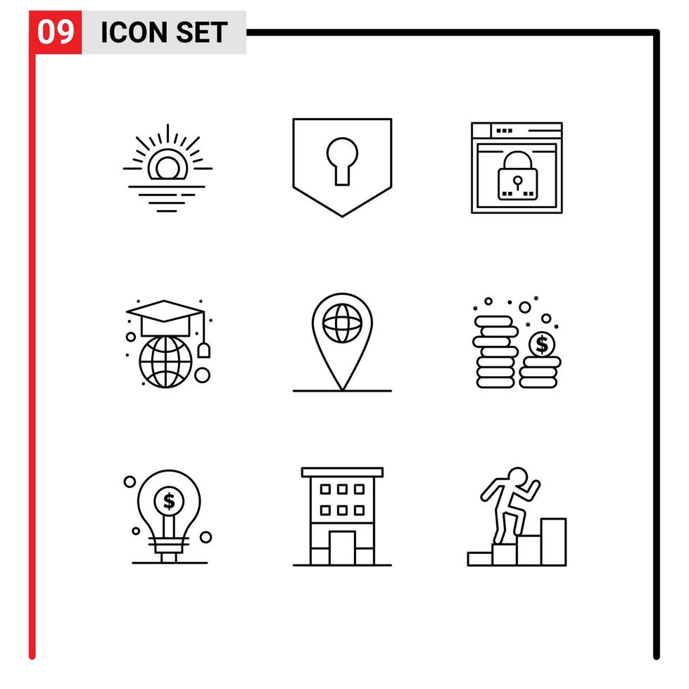 Pack of 9 Modern Outlines Signs and Symbols for Web Print Media such as globe globe secure geography lock Editable Vector Design Elements
