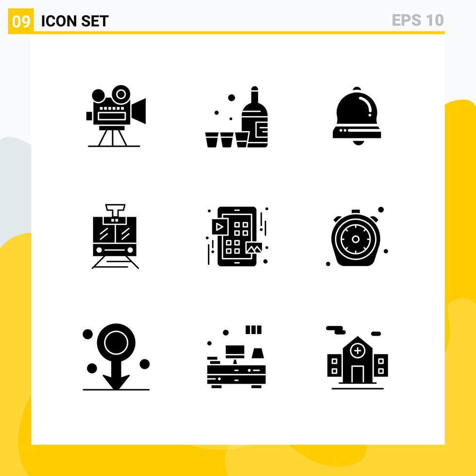 Editable Vector Line Pack of 9 Simple Solid Glyphs of menu vehicle bell service train Editable Vector Design Elements