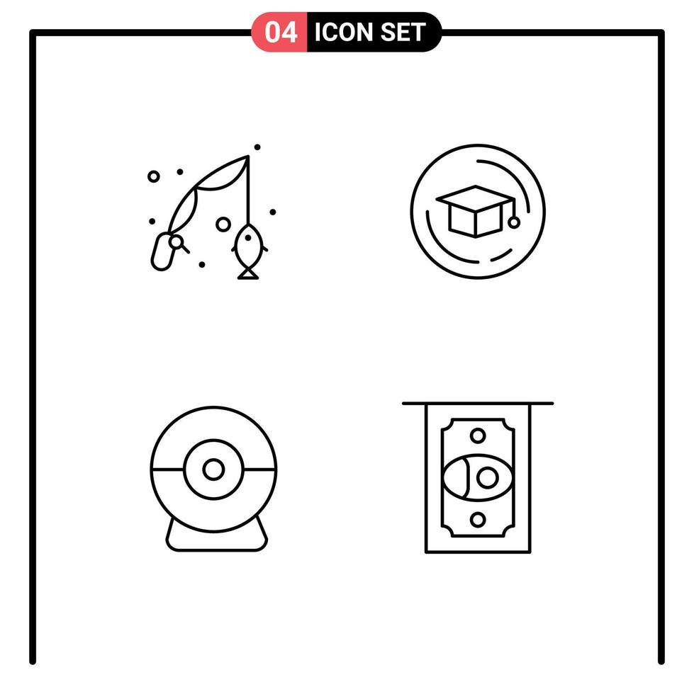 4 Universal Line Signs Symbols of fish security hobby graduation cash Editable Vector Design Elements