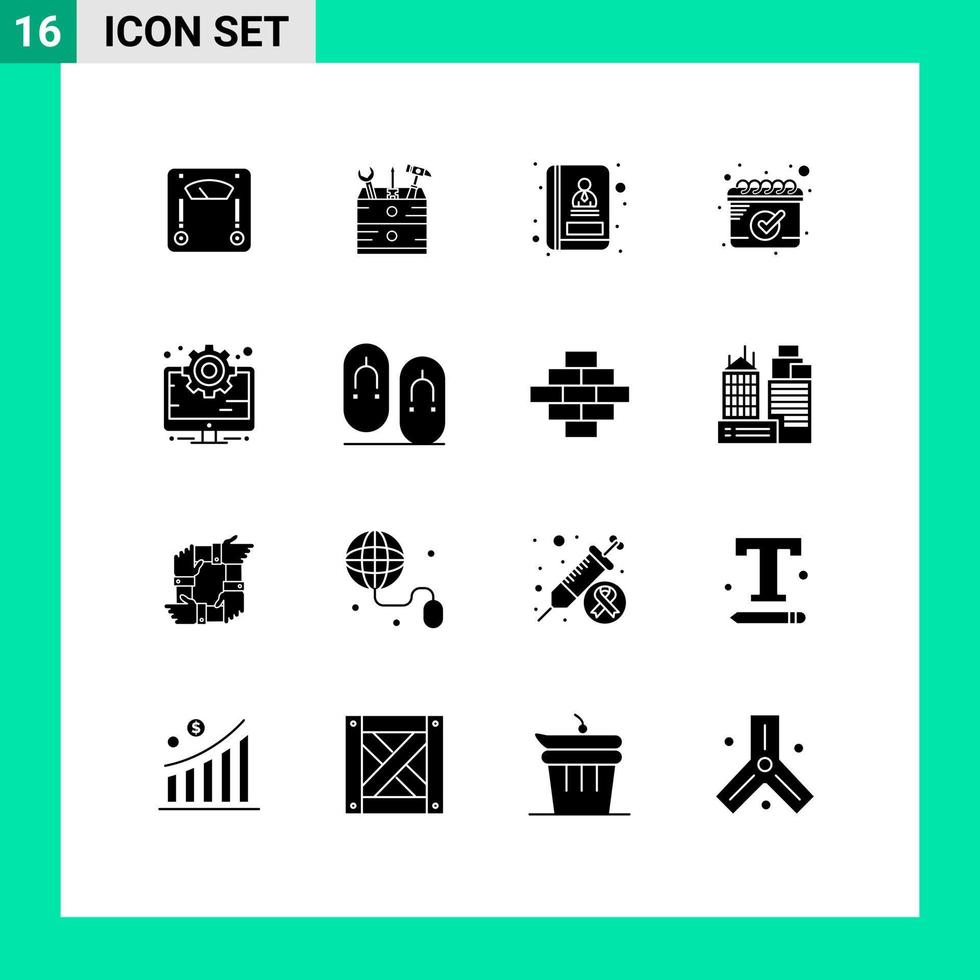 16 Thematic Vector Solid Glyphs and Editable Symbols of setting computer address business date Editable Vector Design Elements