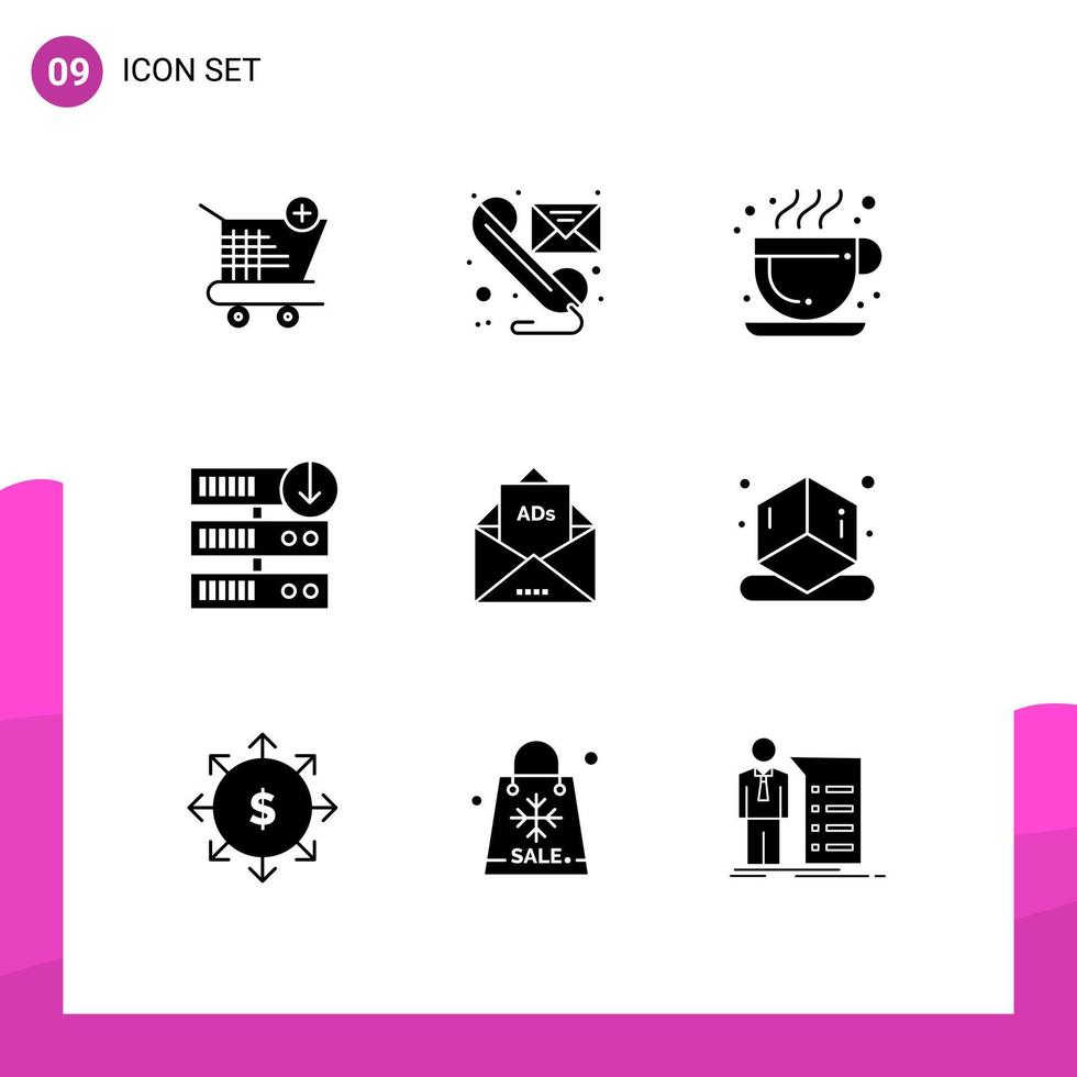 Modern Set of 9 Solid Glyphs Pictograph of advertising server download telephone server downgrade downgrade Editable Vector Design Elements