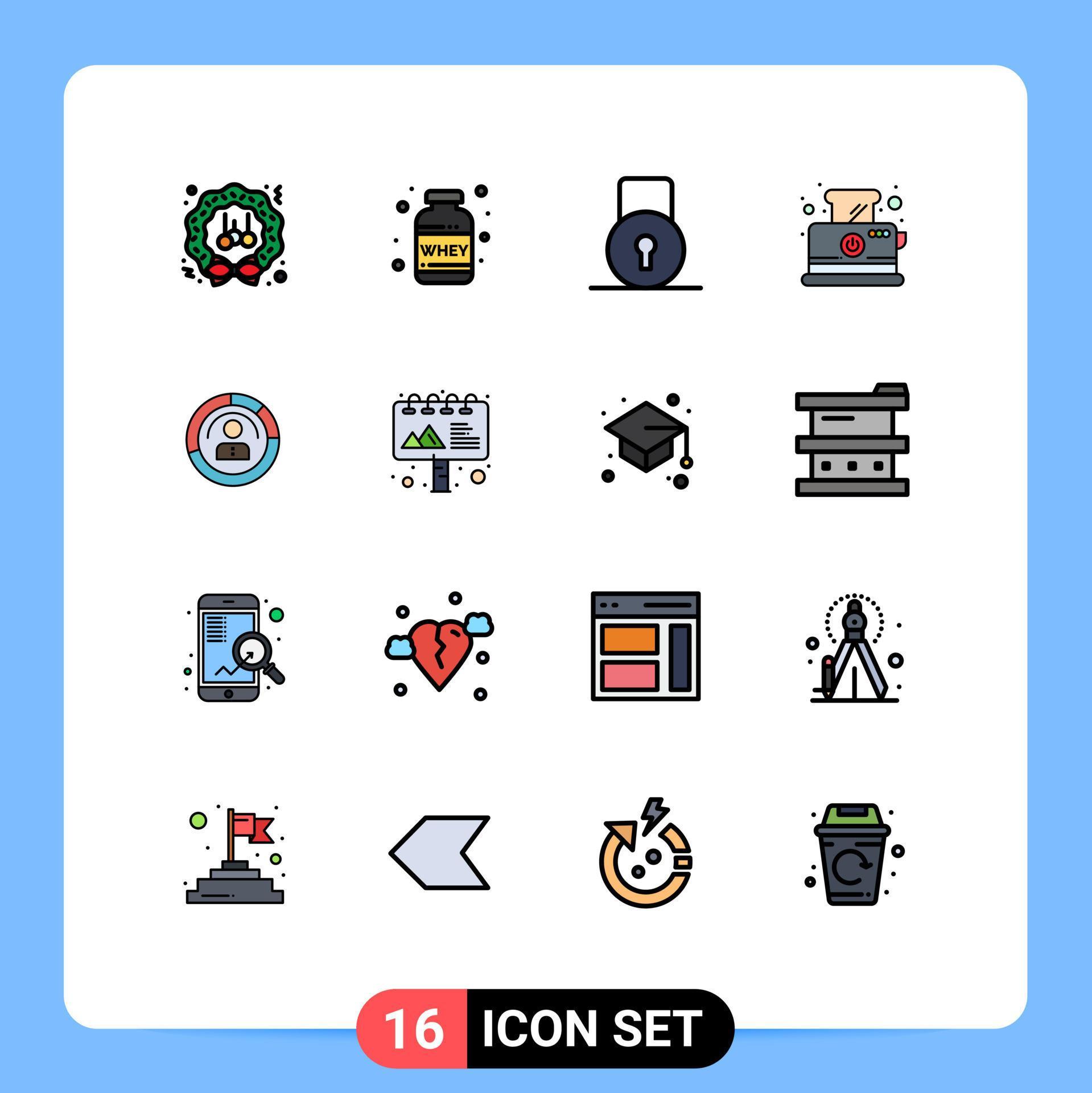 Set of 16 Modern UI Icons Symbols Signs for diagram toaster whey toast security Editable
