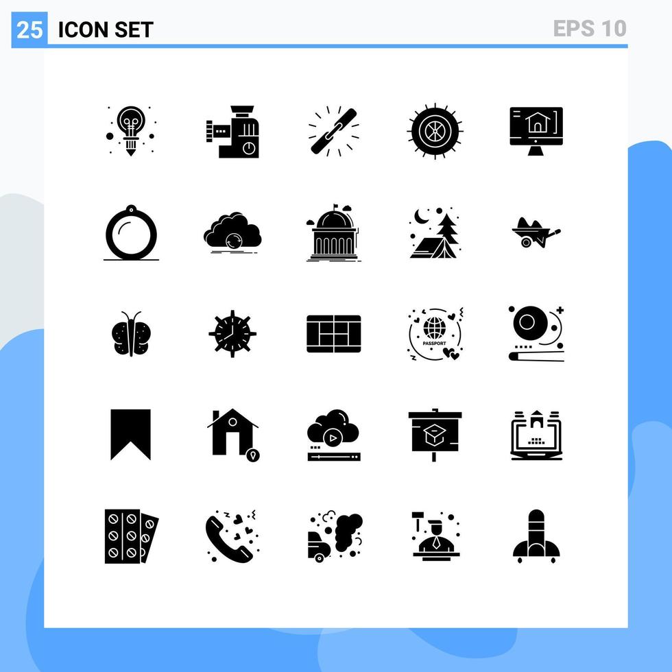 Pictogram Set of 25 Simple Solid Glyphs of home wheel link tire web Editable Vector Design Elements