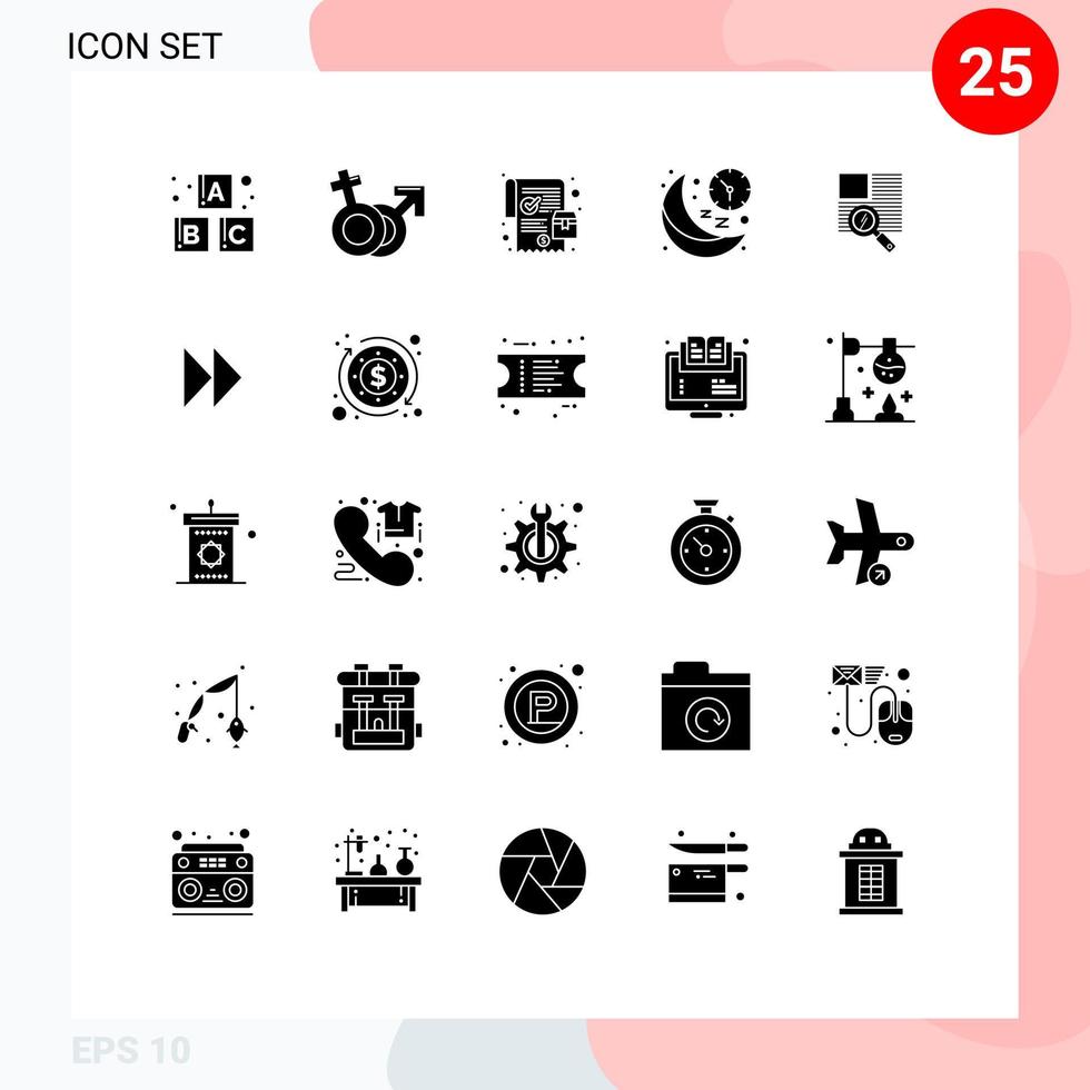 Set of 25 Commercial Solid Glyphs pack for line night mobile moon clock Editable Vector Design Elements