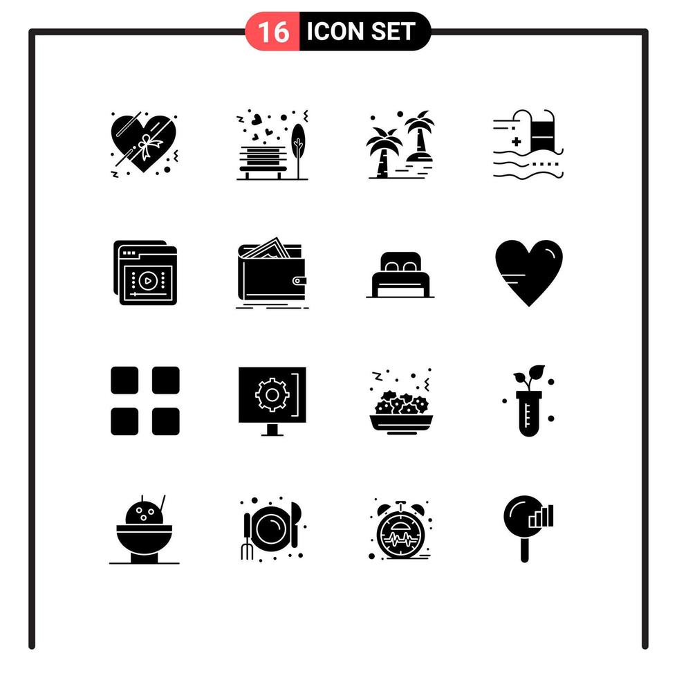 16 Thematic Vector Solid Glyphs and Editable Symbols of water summer date pool arecaceae Editable Vector Design Elements