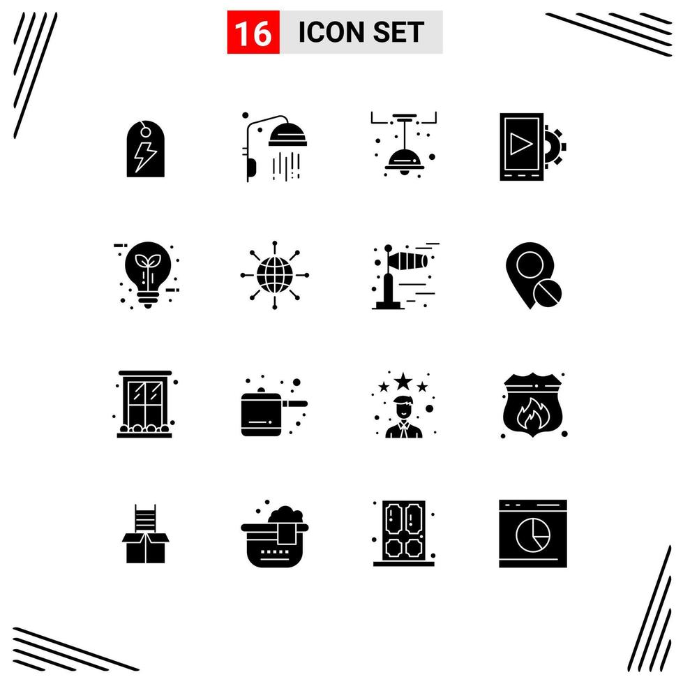 Solid Glyph Pack of 16 Universal Symbols of leaf eco lamp bulb design Editable Vector Design Elements