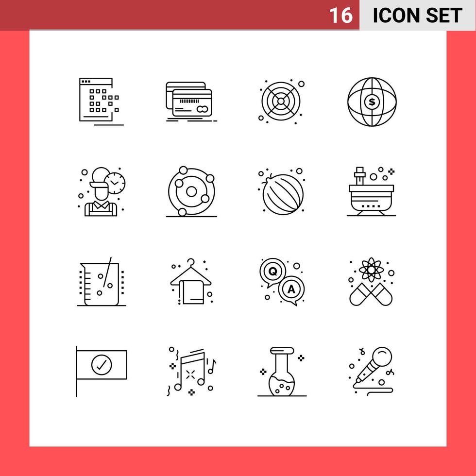 Set of 16 Vector Outlines on Grid for employee internet debit globe fan Editable Vector Design Elements