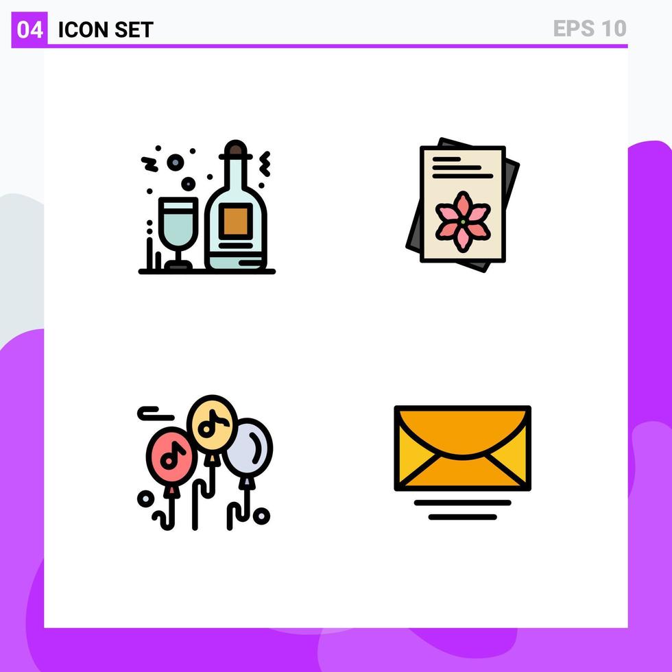 4 Creative Icons Modern Signs and Symbols of alcohol music wine flower mail Editable Vector Design Elements