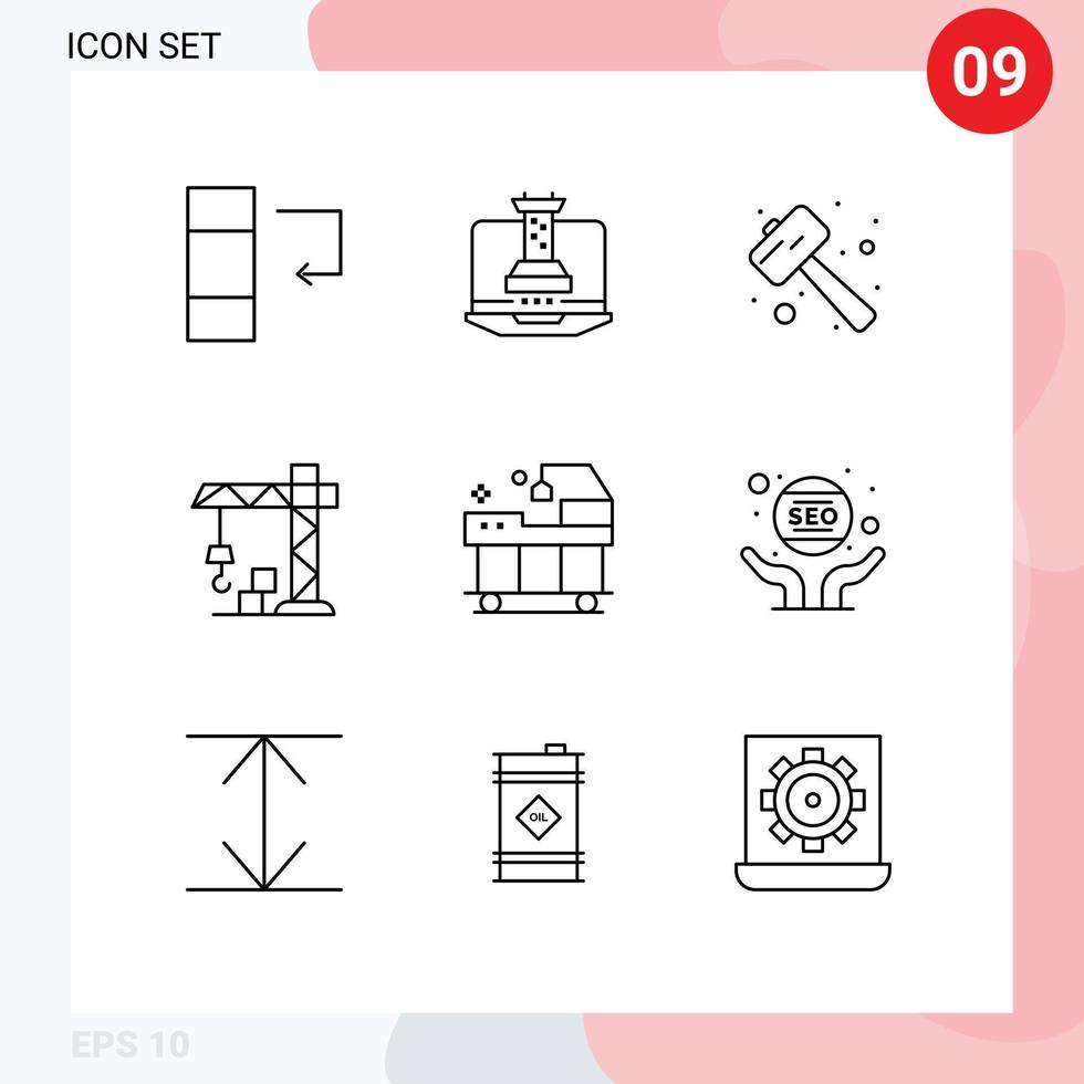 Pack of 9 Modern Outlines Signs and Symbols for Web Print Media such as service bed mallet crane architecture Editable Vector Design Elements