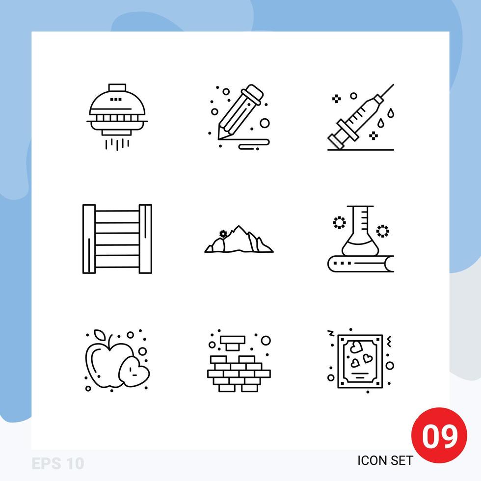 Mobile Interface Outline Set of 9 Pictograms of mountain landscape medical hill ladder Editable Vector Design Elements