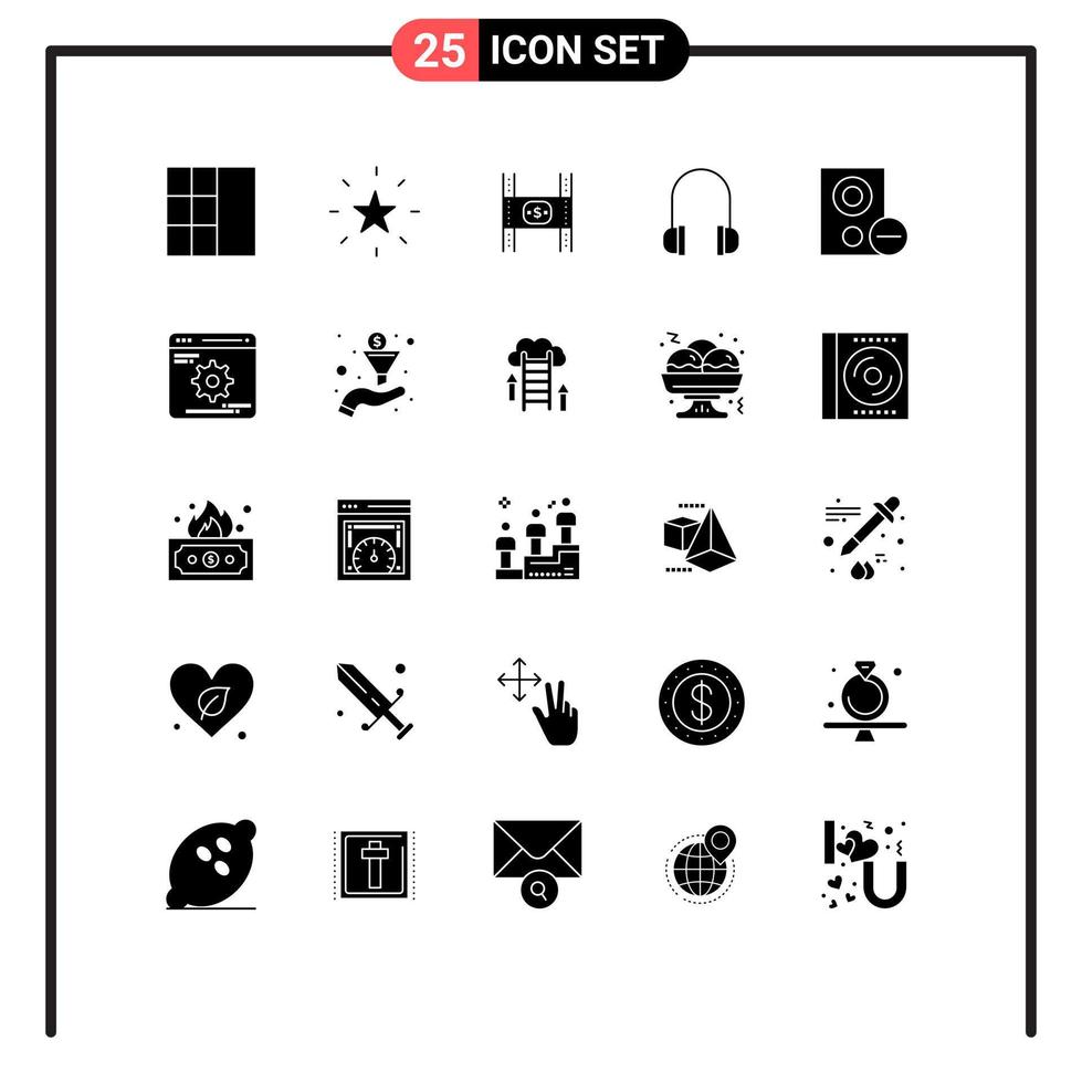 Pack of 25 Modern Solid Glyphs Signs and Symbols for Web Print Media such as hardware devices film computers headset Editable Vector Design Elements