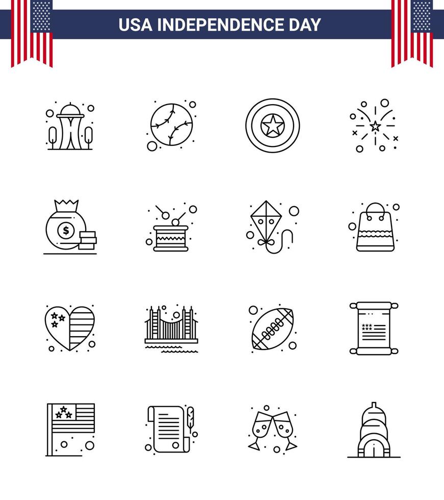 16 USA Line Signs Independence Day Celebration Symbols of bag usa holiday american firework Editable USA Day Vector Design Elements