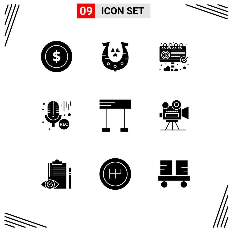 Mobile Interface Solid Glyph Set of 9 Pictograms of line recording advertisement professional mic Editable Vector Design Elements
