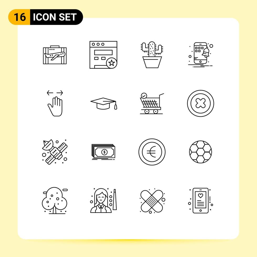 Set of 16 Vector Outlines on Grid for hand notification seo mobile pot Editable Vector Design Elements