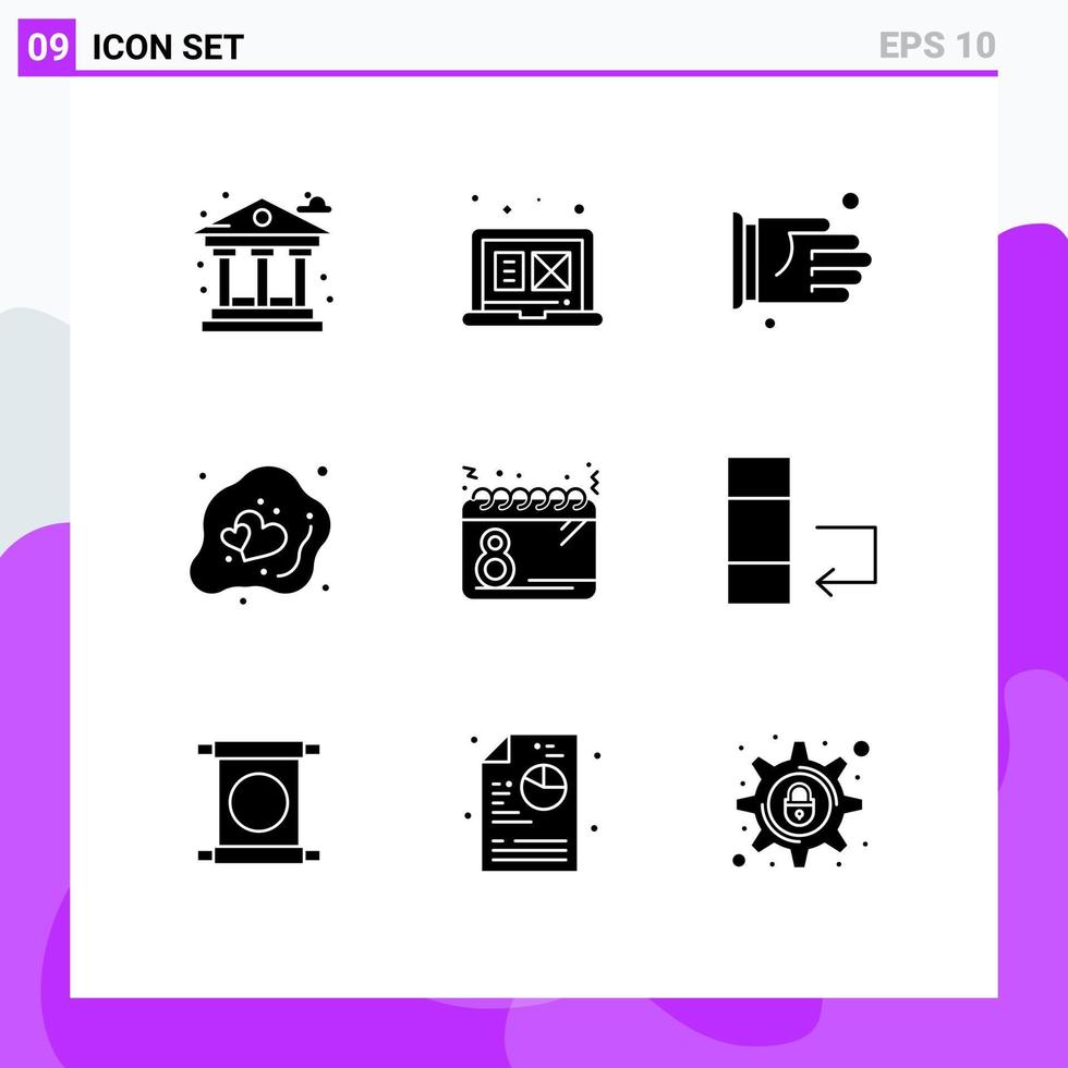 User Interface Pack of 9 Basic Solid Glyphs of calendar heart hand egg decorative Editable Vector Design Elements