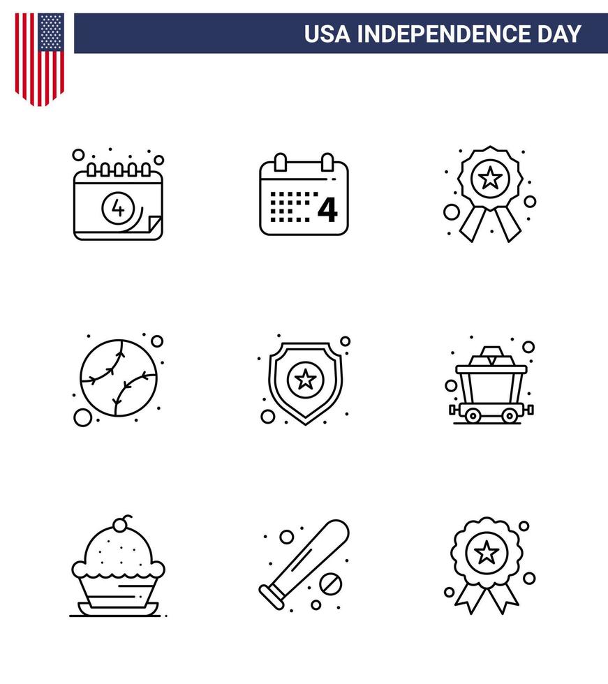 Modern Set of 9 Lines and symbols on USA Independence Day such as police united badge states american Editable USA Day Vector Design Elements