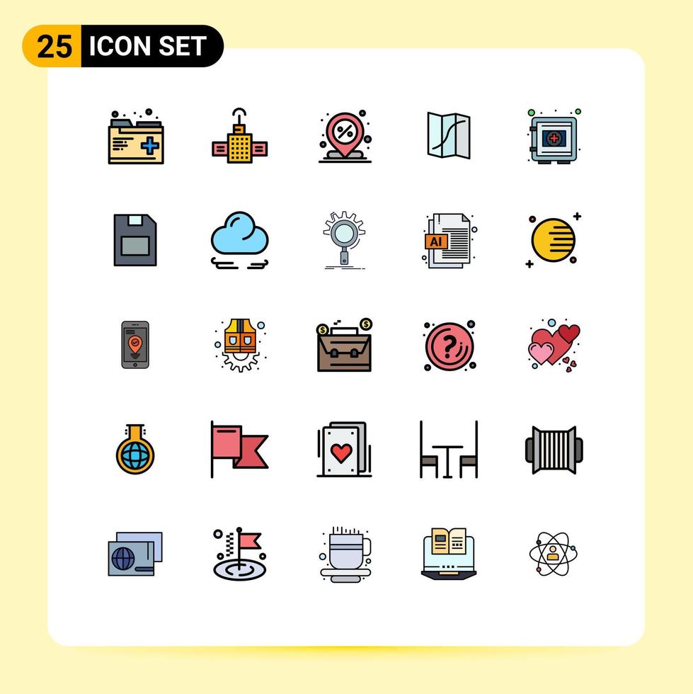25 User Interface Filled line Flat Color Pack of modern Signs and Symbols of medical pin discount navigation map Editable Vector Design Elements