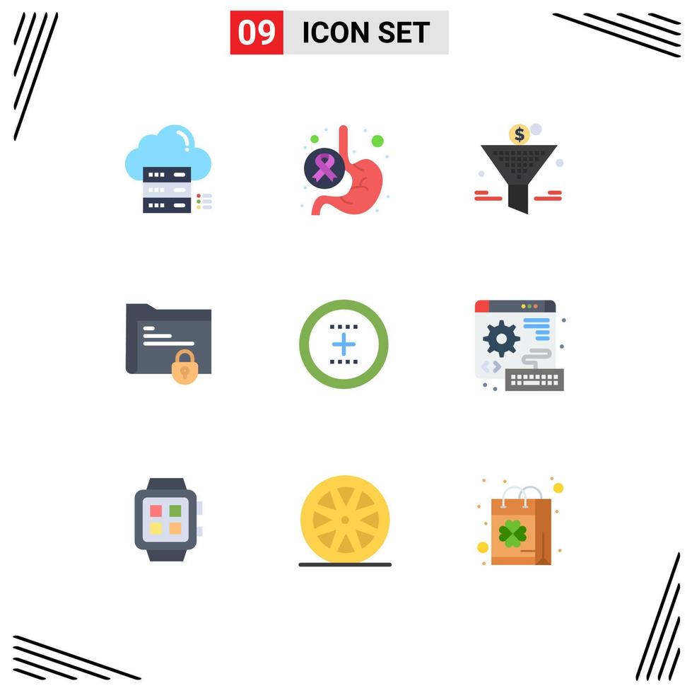 Modern Set of 9 Flat Colors Pictograph of lock folder stomach document percent gain Editable Vector Design Elements