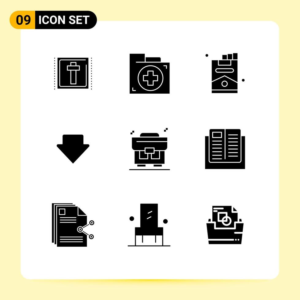 Editable Vector Line Pack of 9 Simple Solid Glyphs of bag downlod folder down party Editable Vector Design Elements