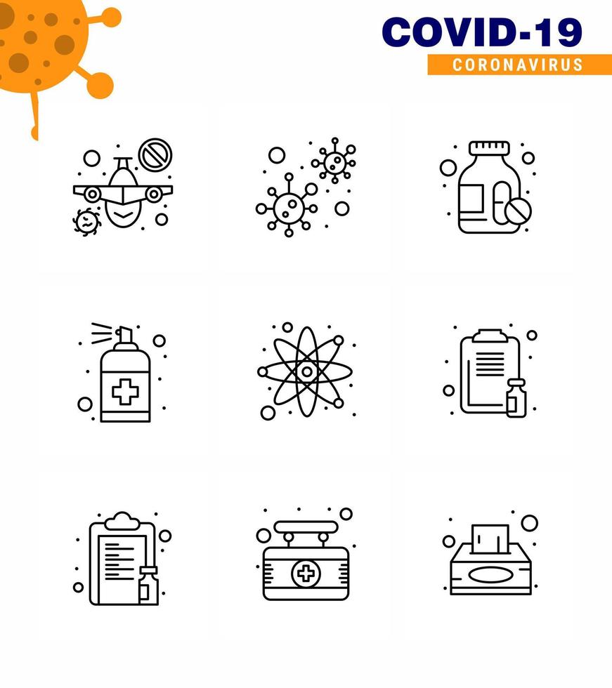 Corona virus disease 9 Line icon pack suck as atom handcare virus hand spray viral coronavirus 2019nov disease Vector Design Elements