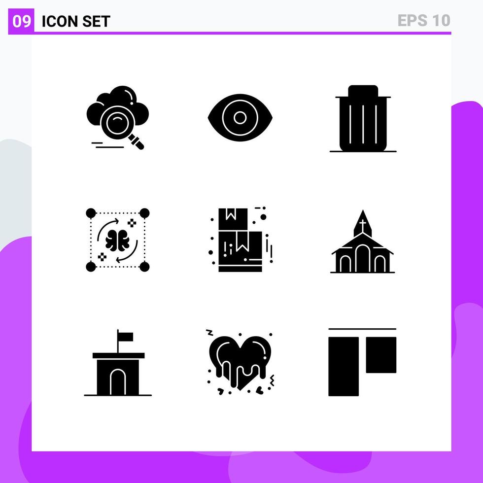 símbolos de iconos universales grupo de 9 glifos sólidos modernos de proceso cerebral ciencia mente eliminar elementos de diseño vectorial editables vector