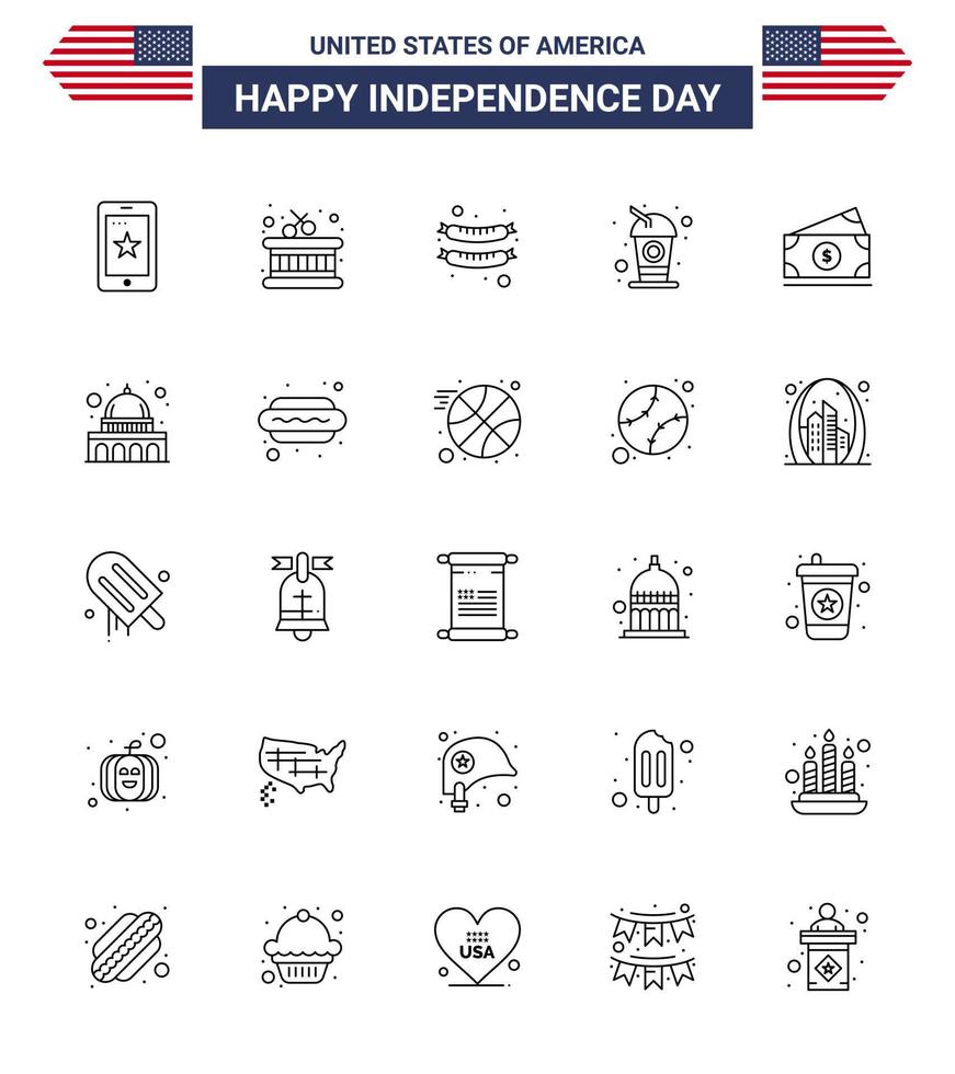 Stock Vector Icon Pack of American Day 25 Line Signs and Symbols for usa money frankfurter dollar drink Editable USA Day Vector Design Elements