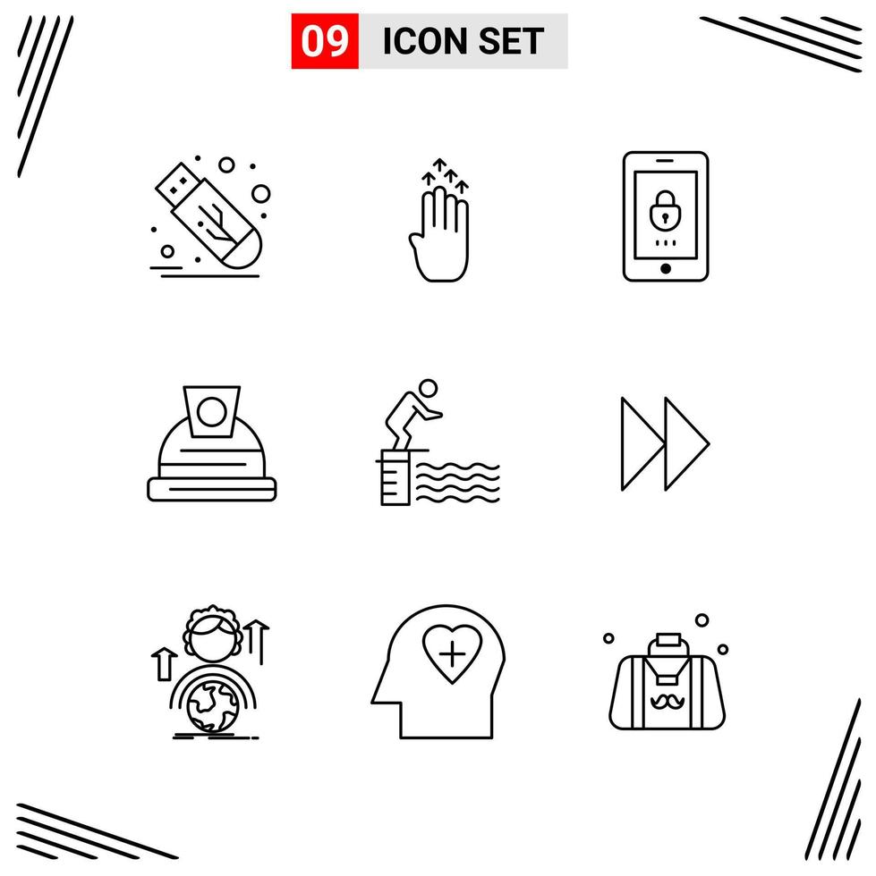 9 iconos estilo de línea basados en cuadrícula símbolos de esquema creativos para el diseño de sitios web signos de icono de línea simple aislados en fondo blanco 9 conjunto de iconos fondo de vector de icono negro creativo