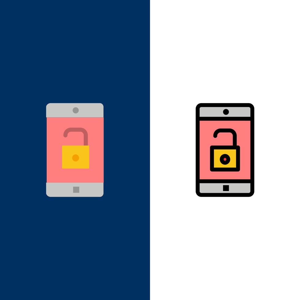 aplicación móvil aplicación móvil desbloquear iconos planos y llenos de línea conjunto de iconos vector fondo azul