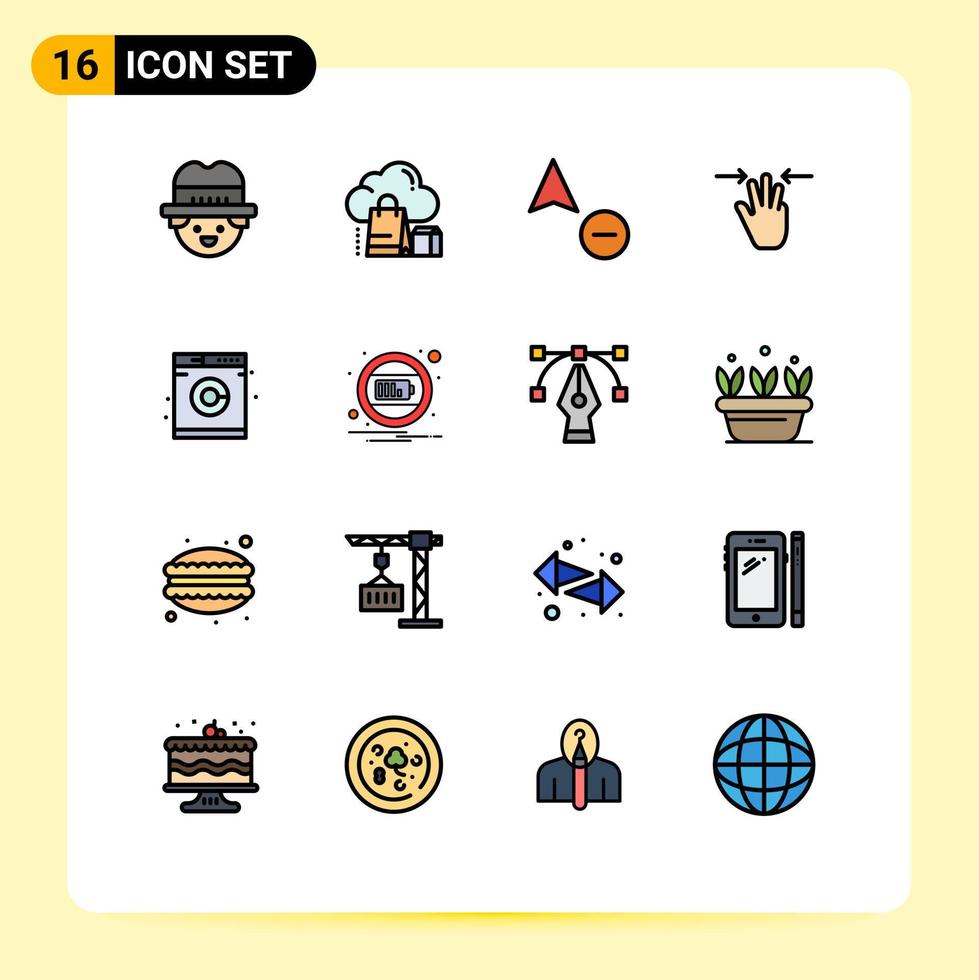 Flat Color Filled Line Pack of 16 Universal Symbols of washing laundry minus three fingers hand Editable Creative Vector Design Elements